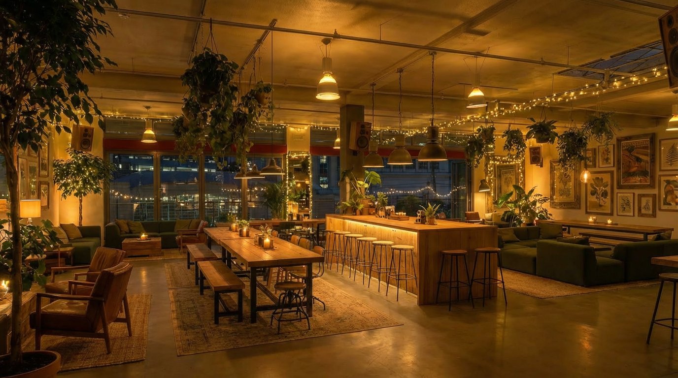 The members club - warm lounge, communal tables and bar above the Promenade