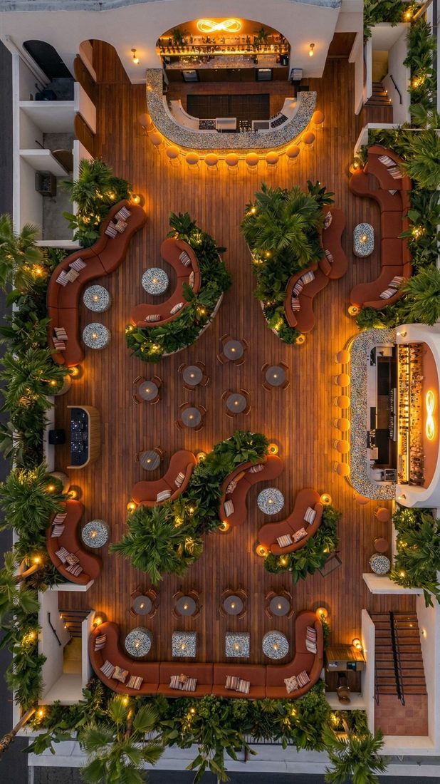 Top-down view of a hospitality venue floor