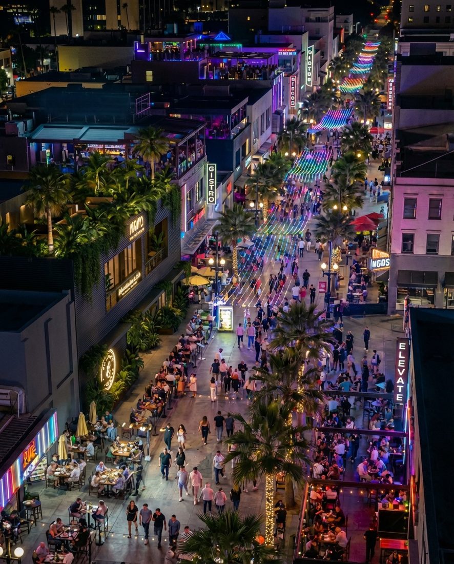 The Third Street Promenade at night, full of people