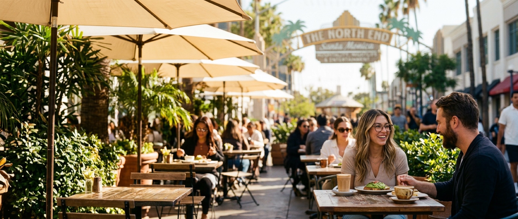 A busy daytime cafe terrace on the promenade under the North End arch