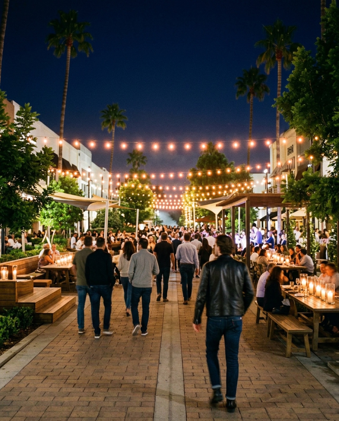 Third Street Promenade at dusk, full of people