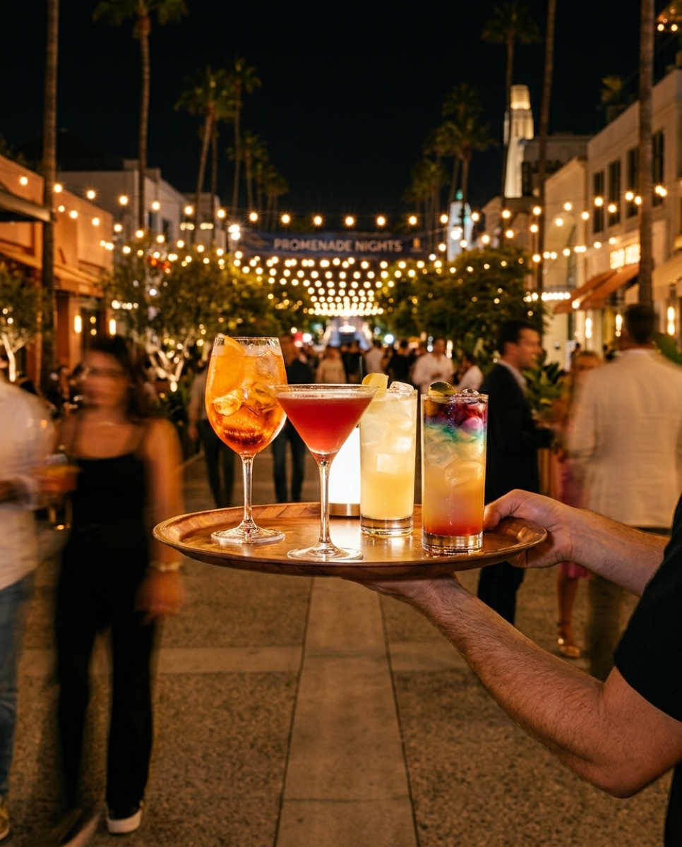 A tray of cocktails carried through a busy terrace