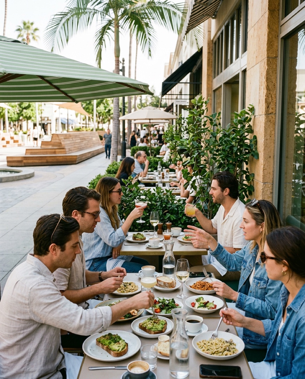 Guests dining at a sunny terrace on the promenade