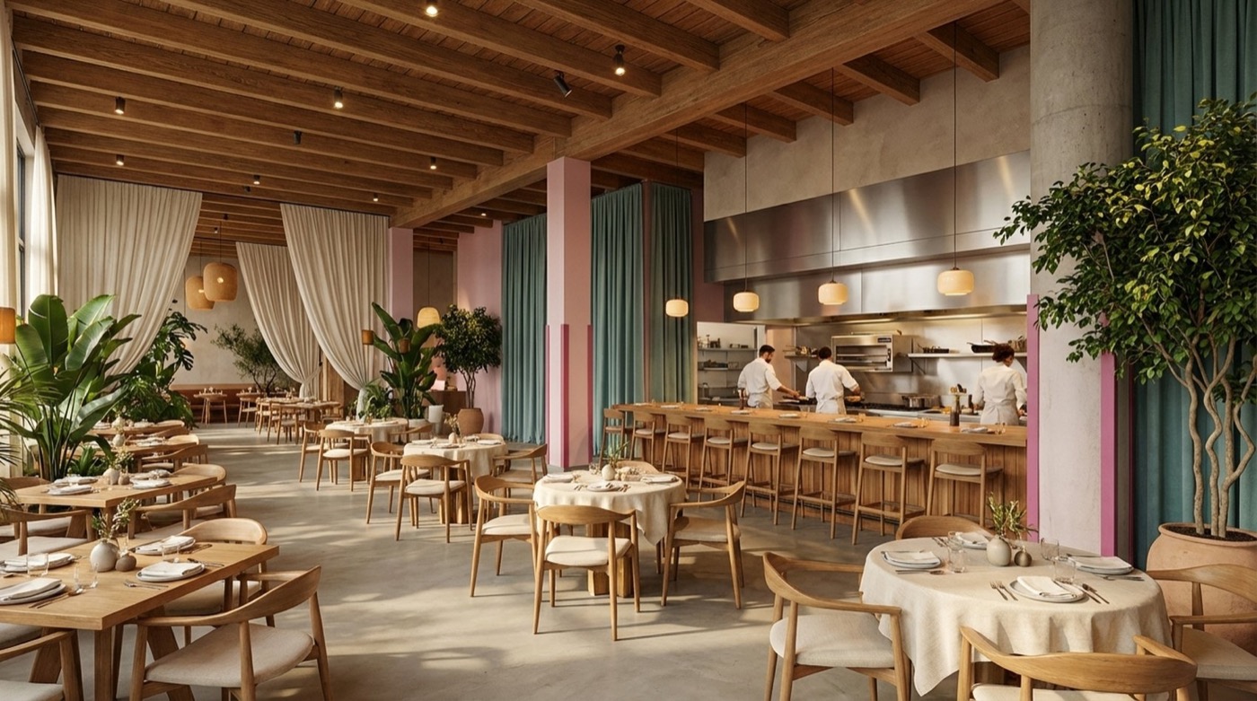 Pancho's Magnolia concept interior - open kitchen, linen, exposed concrete