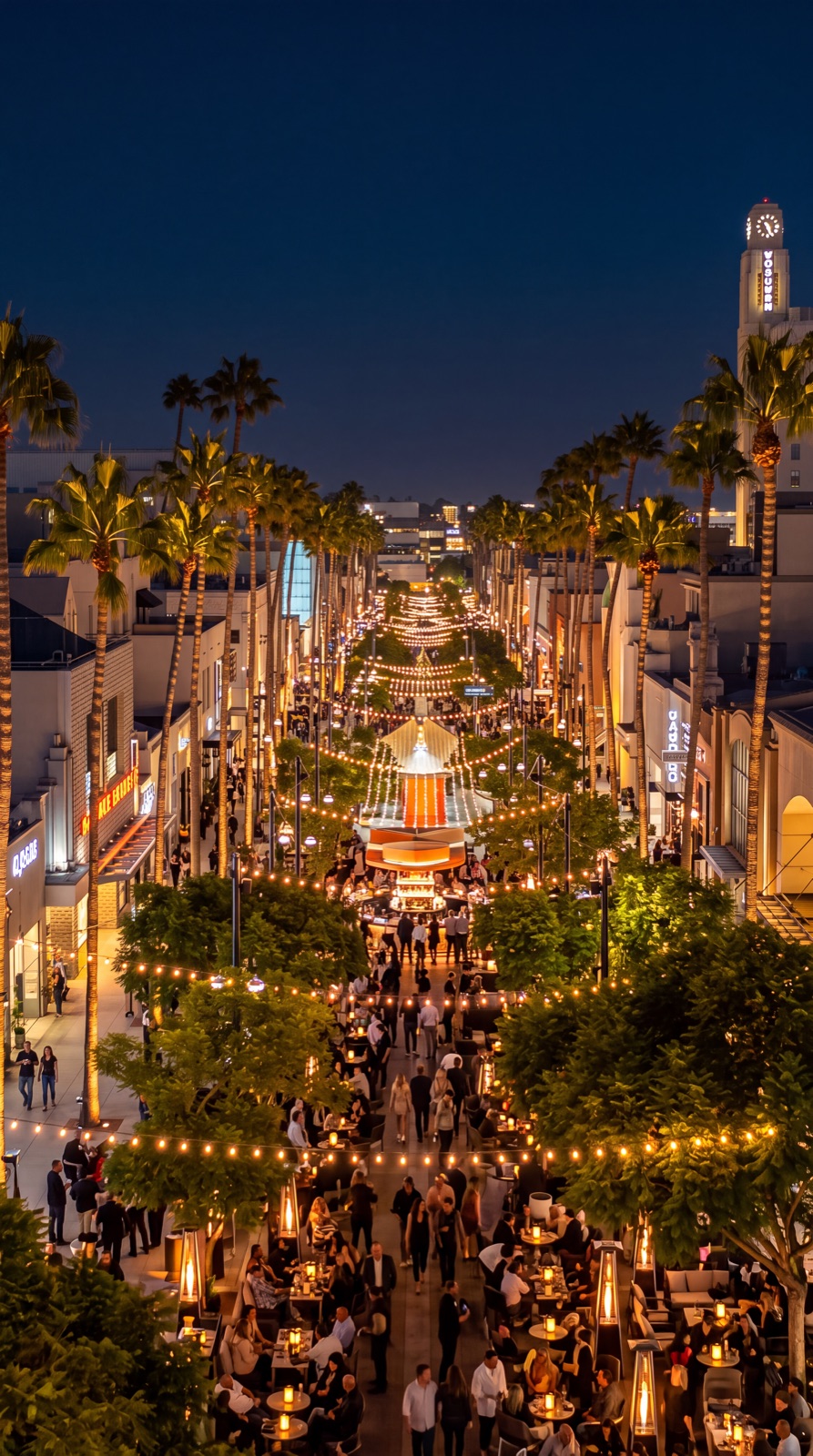 The Third Street Promenade at night, alive with people